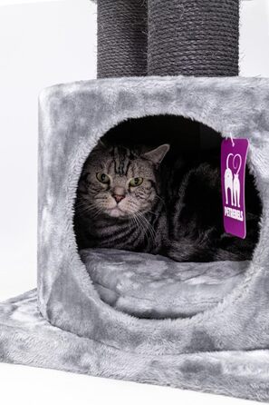 Дряпак для котів Petrebels Victoria 125 см, преміум-якість, сірий, з ігровою трубою, лежанкою, будиночком і стовпами Ø12 см