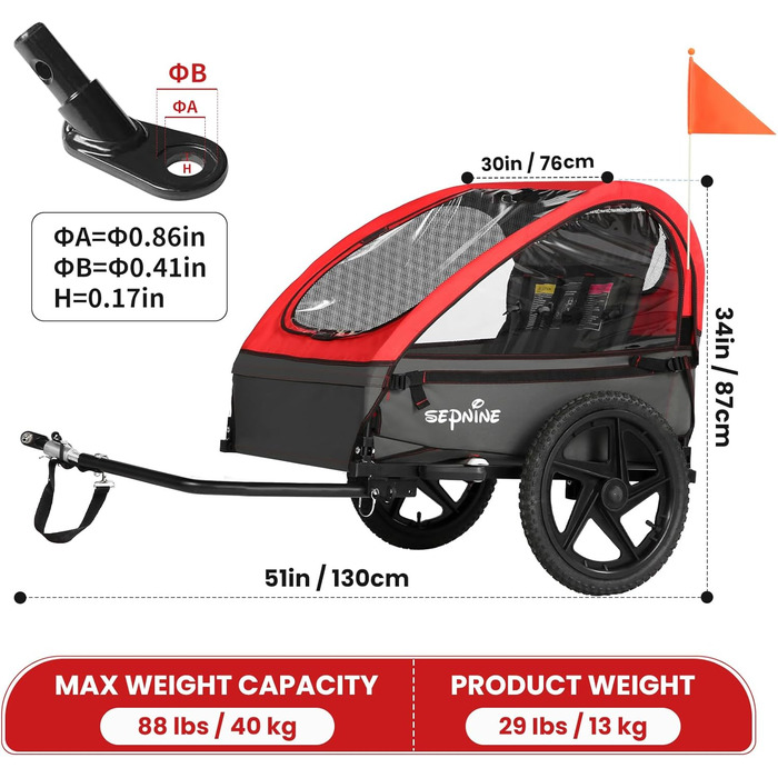 Дитячий велопричіп Sepnine для 1-2 дітей, від 12 місяців, швидко кріпиться, складаний, з 5-точковим ременем та кишеньками для зберігання. BT609-Червоний
