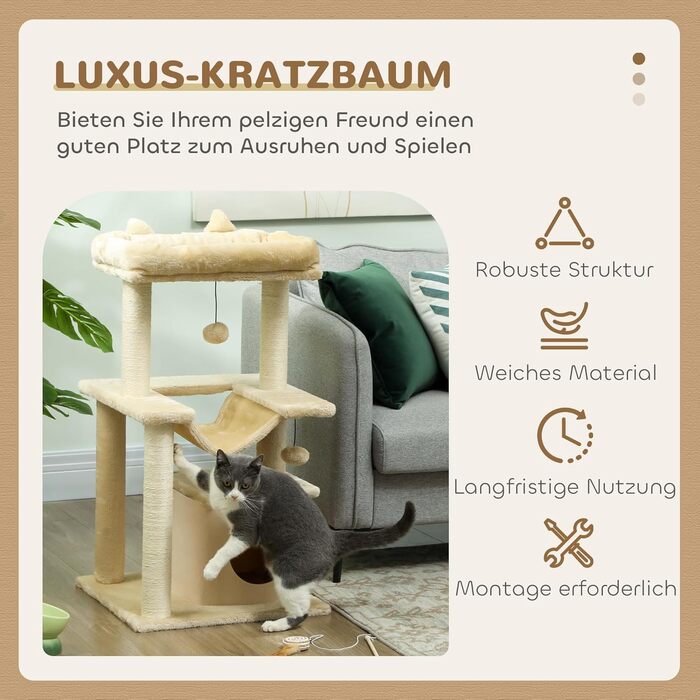 Когтеточка для котів PawHut 90 см з гамаком, ігровим будиночком, платформами, драпак із плюшу та сизалю, кремова