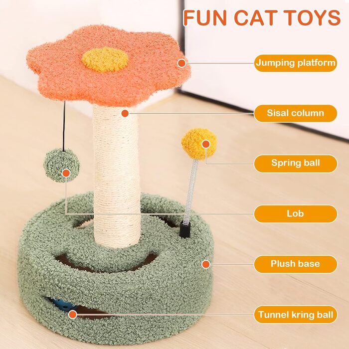 ALLSOPETS Котячий комплекс-башта з сизалем, крутящийся тунель, підвісна іграшка, для маленьких котів, білий