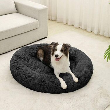 Кругле ліжко для собак та котів 60 см - М'яке, пухнасте ліжко з піднятими бортиками - Нековзний низ - Силіконова наповнювач для комфорту та тепла - Легке у догляді - (графіт)