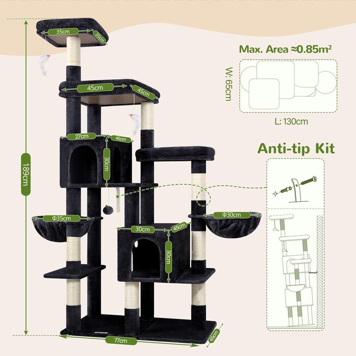 Комплекс для котів Globlazer Kratzbaum 189 см з будиночком, платформою та іграшками, темно-сірий