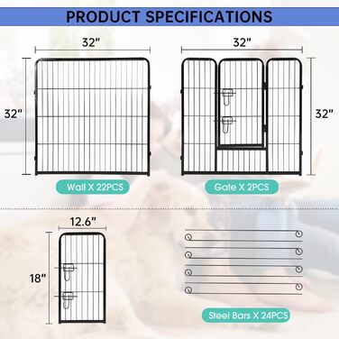 Металеве вольєр для собак BestPet з дверима, 32 панелі, для великих, середніх та малих собак. Розміри: 61x81,3x101,6 см