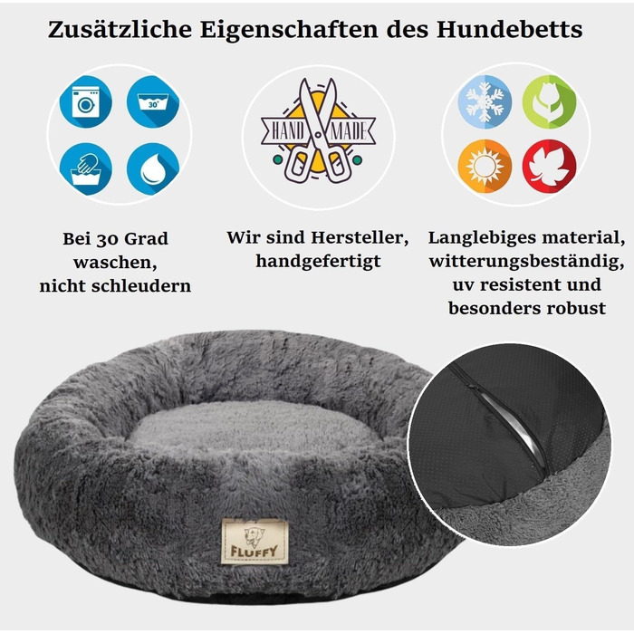 Кругле ліжко для собак King Dog, 80 см, м'яке, з плюшевим покриттям, знімний внутрішній подушок, антиковзаюча підкладка, можна прати, колір: пісковий