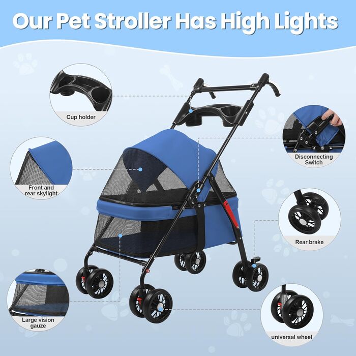 Складана візок для тварин до 10 кг з амортизаторами 360° та сонцезахистом - Легкий вигулювач для котів/маленьких собак (Чорний/Синій)