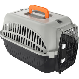 Транспортна переноска для собак та котів Aufun, 48x32x32 см, пластик з металевим ґратом, сіра+чорна