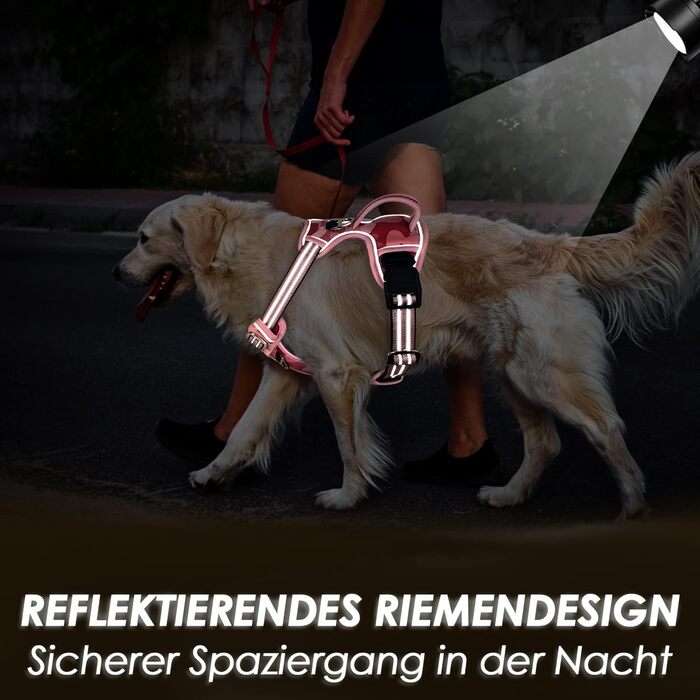 Нашийник для собак великих порід, шлейка з анти-тяговою конструкцією, 2 карабіни, зручна ручка, регульована та світловідбиваюча, для щоденних тренувань (L, XL), камуфляжний рожевий