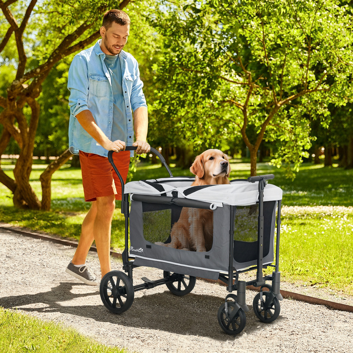 PawHut Dog Buggy Dog Buggy складний для собак і кішок до 30 кг Баггі для кішок з подушками Сітчасті вікна 2 двері Сумка для зберігання Cat Buggy Dark Grey | Аосом