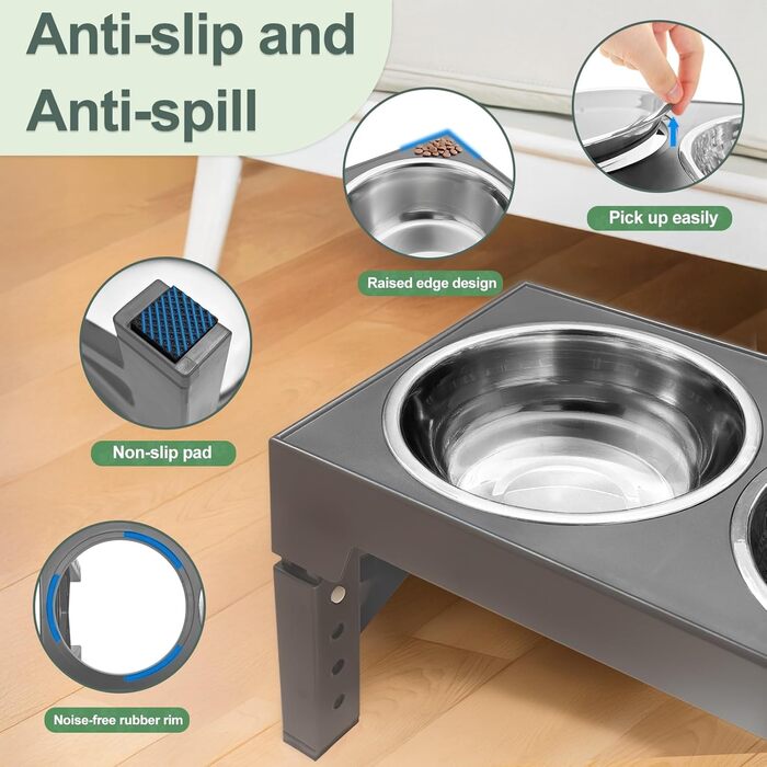 Підвищена годівниця для собак з регулюванням висоти (8-31 см), 2 миски з нержавіючої сталі та 1 миска для повільного годування, антиковзаюча, BPA-free пластик (сіра)