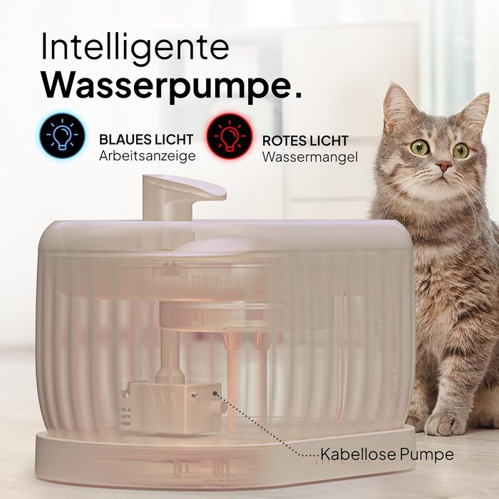 Катефонтан KABELLOS Pretty Paw© з датчиком руху | Преміум фонтанчик для котів з індукційним насосом, акумулятор 45 днів, фільтр та резервуар 3л | Pure Flow Max Beige 3L