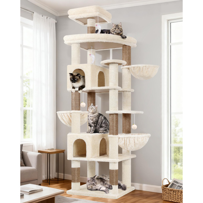Кігтеточка та ігровий комплекс для великих котів, 209 см XXL, бежева, з 2 будиночками, великою платформою, 3 корзинами та 8 стовпчиками з сизалю, Globlazer