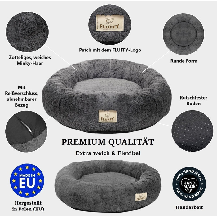 Кругле ліжко для собак King Dog, 80 см, м'яке, з плюшевим покриттям, знімний внутрішній подушок, антиковзаюча підкладка, можна прати, колір: пісковий