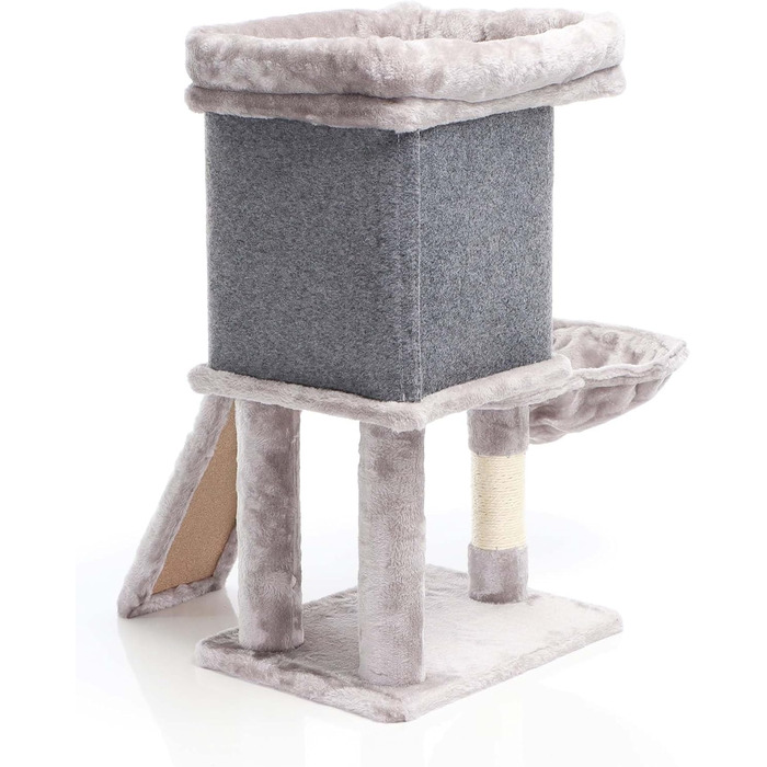Кігтеточка для котів Fudajo сірого кольору, 71,5 см, з платформою для відпочинку, лежаком, дряпалкою та будиночком. Кліматичний комплекс для котів з 1 будиночком.