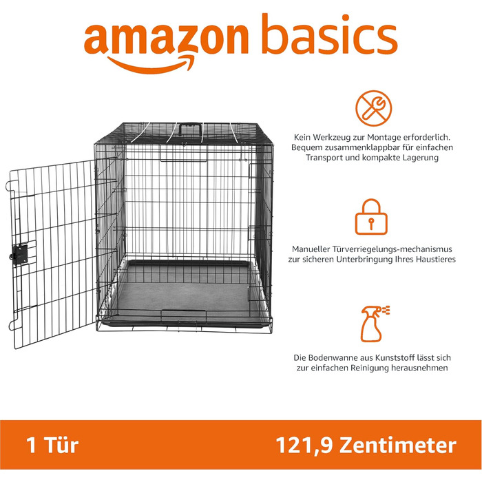 Складана металева клітка для собак Amazon Basics з піддоном, одна дверцята, чорна, 122x76x83 см
