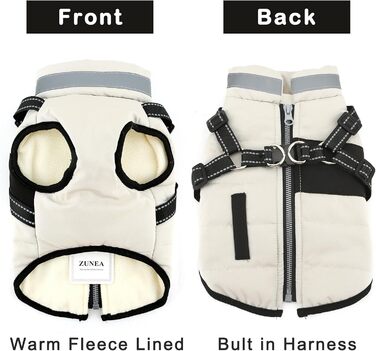 Зунеа Куртка для собак маленьких порід, тепла зимова куртка для цуценят з шлейкою, світловідбиваючі елементи, регульована застібка-блискавка, тепла флісова підкладка, сніговик, розмір XS/S, одяг для домашніх тварин, бежевий колір