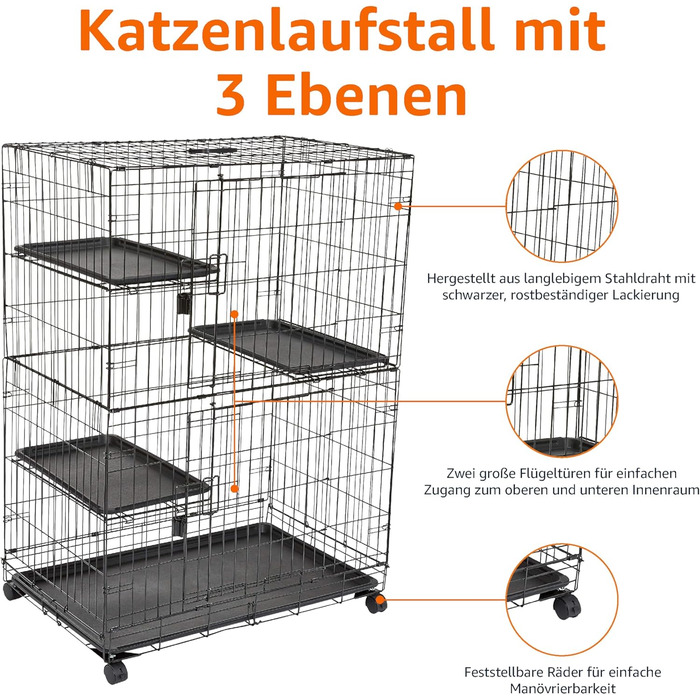Amazon Basics великий міцний триповерховий котячий вольєр, металевий, чорний, 91x57x129 см
