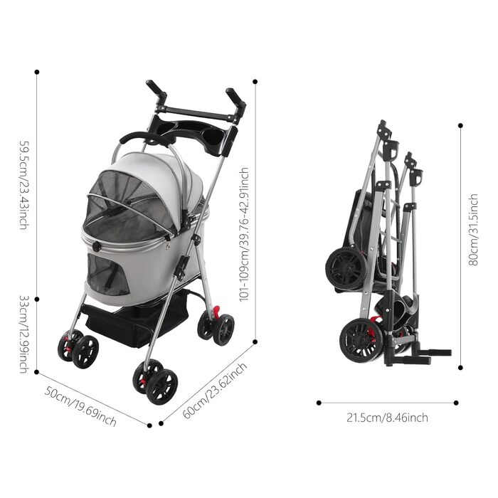Складаний візок для собак та котів, сірий (50x60 см)