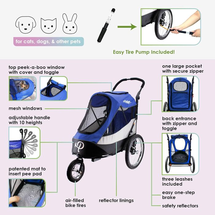 Візок для собак та котів Petique Trailblazer Jogger – блакитний, великий, з великим об'ємом для зберігання, складна конструкція, повітряні колеса, 3 повідки, віконце Peek-a-Boo