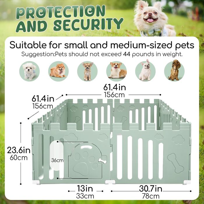 Клітка для собак з дверима, 8 панелей, 61 см, для цуценят, міцний пластик, захисний загін для маленьких тварин, антиковзне та безпечне огорожа, зелений колір, 8 панелей