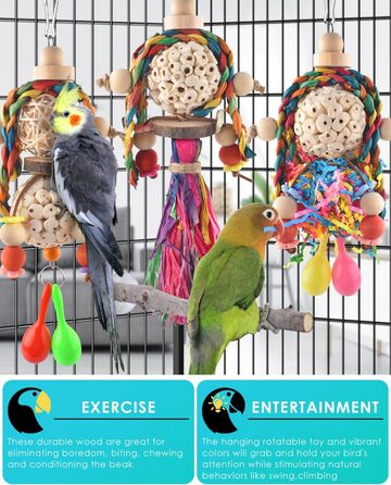 Іграшка для папуг Bissap Conure, 3 шт., підвісна іграшка для папуг, соляні кульки з піщаним молотком для маленьких папуг, хвилястих папужок, корел, амадин, для розвитку та пошуку корму
