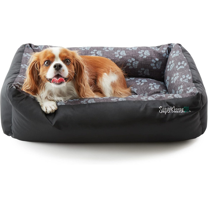 Крісло-лежанка для собак SuperKissen24: лежанка-кошик, лежанка-софа, лежанка для собак великих, середніх та маленьких порід. Лежанка для тварин, розмір L, чорний та сірий колір, з подушками з льону, 95x75 см. Можна прати.