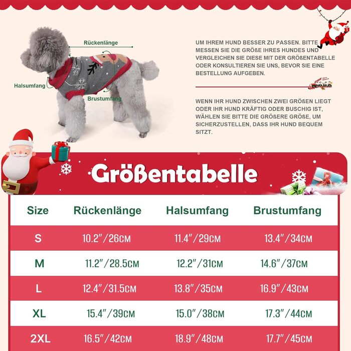 Пуловер для собак Elch Weihnachten: теплий зимовий пуловер з ролетним коміром для маленьких та середніх собак, сірий, XXL