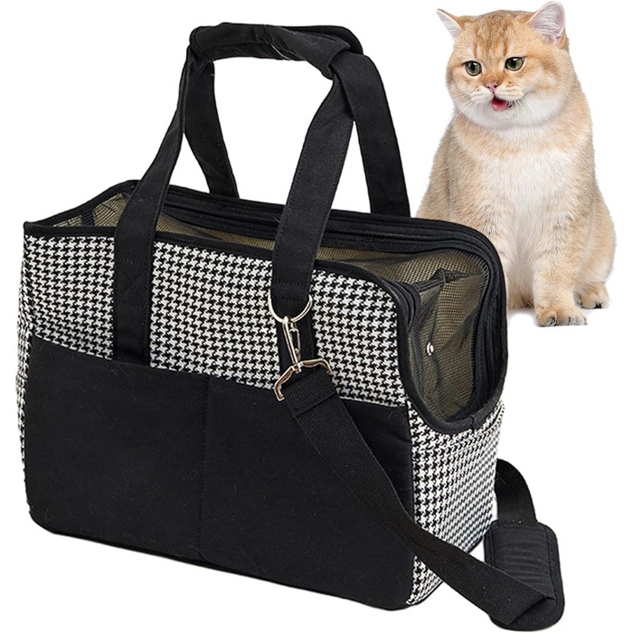 Чорна сумка-переноска для тварин з бавовняного канвасу, зручна для подорожей, з блискавкою