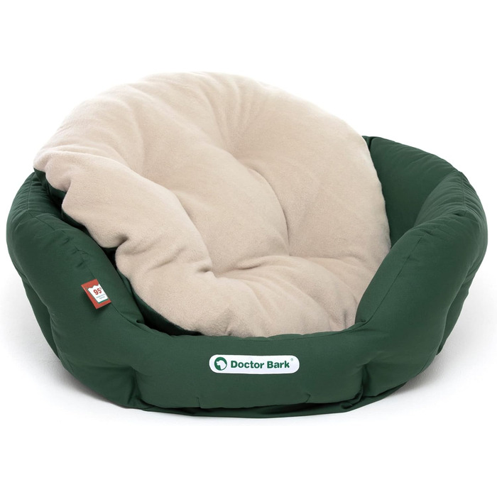 Ліжко для собак Doctor Bark - кругле, м'яке, середнього розміру, з ортопедичною подушкою та іграшкою-кісткою. Можна прати до 95°C. Виготовлено в Німеччині (M - 50x40 см, Зелений/Бежевий)