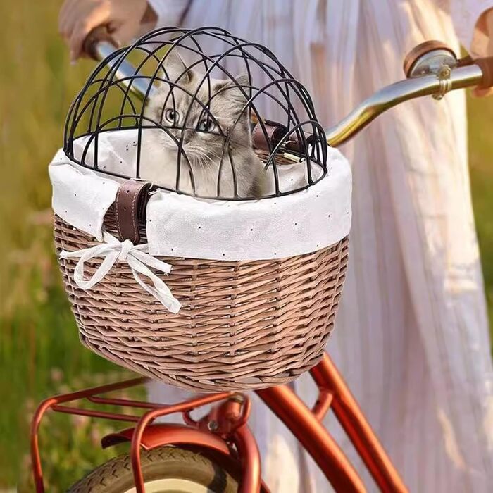 Корзина для собак на велосипед, плетіння з лози, для маленьких собак та котів, переносник для домашніх тварин, передня корзина з сіткою