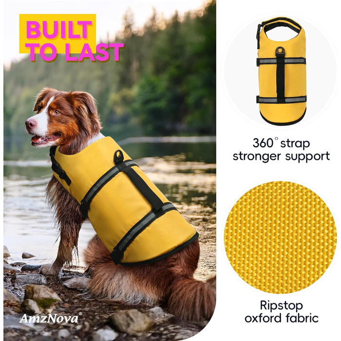 AMZNOVA Рик-стоп жилет для плавання собак, XL, жовтий. Жилет для собак, жилет для плавання, рятувальний жилет для собак. Підходить для човнів.