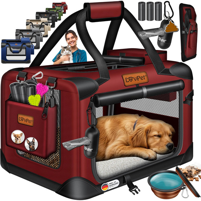 Транспортна переноска для собак та котів LOVPET® 50x34x36 см | Складана переноска для тварин з мискою та плечовим ременем | XXXL, Бордовий/Червоний