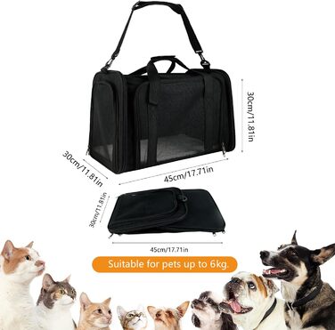 Транспортна сумка для тварин: складана переноска для кота та собаки, легка переноска з плечовим ременем, дихаюча переноска для подорожей та авто (чорна)