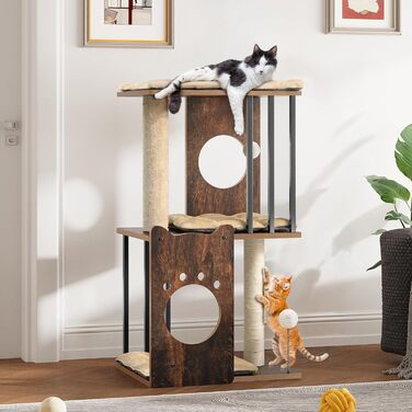 Дерев'яний кігтеточка YITAHOME 90 см з 3 рівнями для великих котів, кігтеточний комплекс з подушками, іграшками (пір'їнка, помпон), у кольорі 