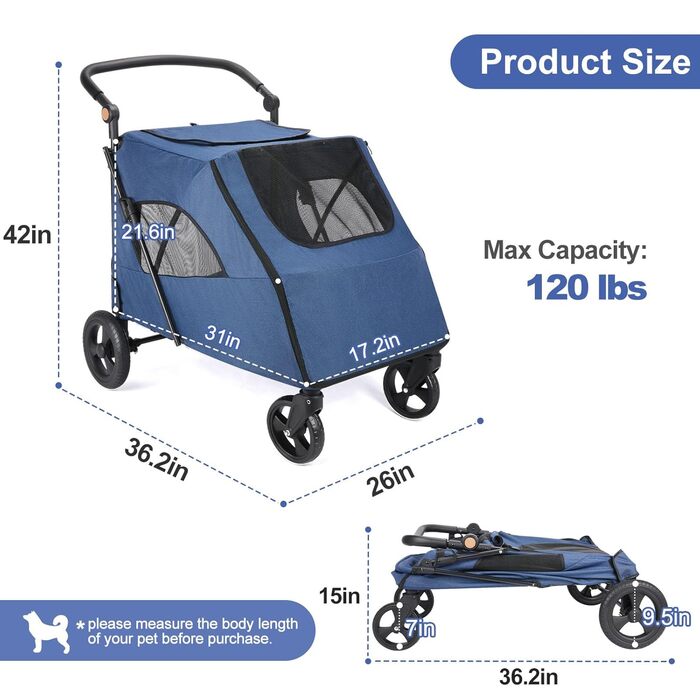 Візок для собак великих порід, подвійна місткість, візок-кі коляска для собак та дітей, складний, 4 колеса (P04CX-Marineblau)