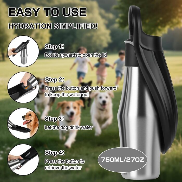 Водяна пляшка для собак на прогулянці - витокозахисна, з нержавіючої сталі, подвійні стінки, вакуумна ізоляція, 750 мл (Чорний)