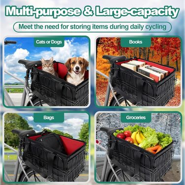 Задній знімний кошик для велосипеда, металевий складний багажник, вантажопідйомність 22 кг, кошик для перевезення тварин та продуктів, з внутрішньою кишенею, універсальний тримач для велосипедів та електровелосипедів