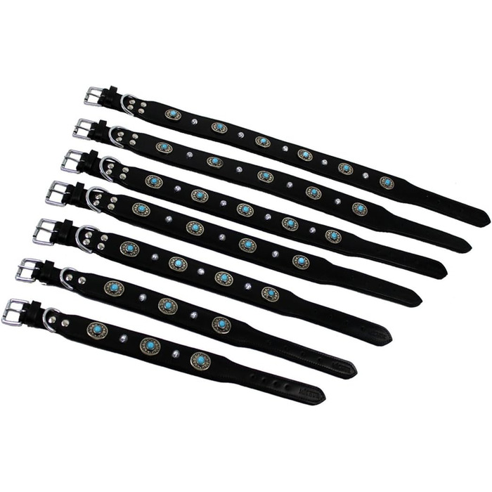 Нашийник для собак MICHUR Alonzo з натуральної шкіри, чорний, широкий, з синіми каменями та заклепками, різні розміри, обхват шиї 33-38 см