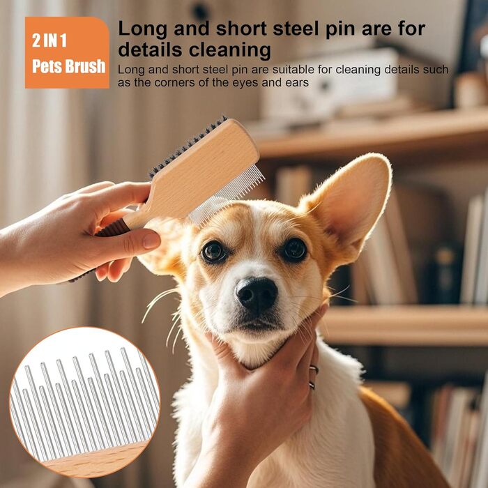 Двостороння щітка для собак та котів з щетиною кабана та пензлем, для догляду за шерстю, підходить для короткошерстих порід, з дерев'яною ручкою з гумовим покриттям