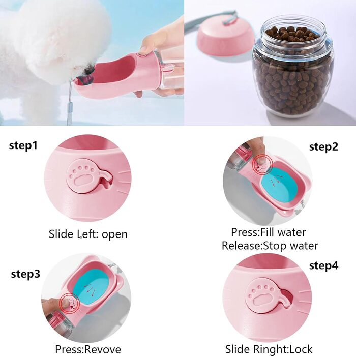 ДомКім портативна пляшка для води та корму для собак, 550 мл, рожева - для прогулянок, подорожей, цуценят