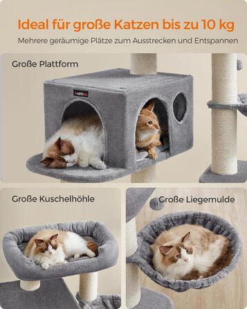 Драбина для котів Feandrea XXL: міцна, з 6 товстими стовпчиками, платформа, будиночок, кошик, сіра