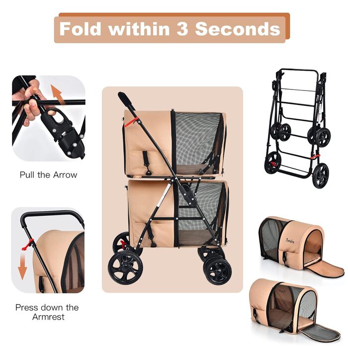 Візок для тварин GOPLUS 2-рівневий складний, 3-в-1, для котів та собак (Бежевий)