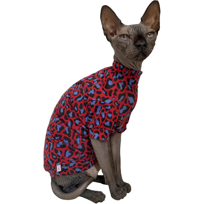 Футболка для собак Sphynx, бавовна, без хутра, круглий комір, леопардовий принт, розмір L (3,5–4,5 кг), синьо-червоний леопардовий принт
