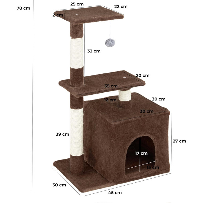 Baroni Home Когтеточка для котів, двоярусна, з іграшкою і домиком, 45x30x78 см, коричнева