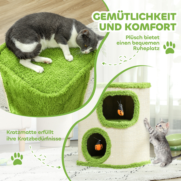 Бочка для подряпин PawHut, висота 52 см Бочка для кішок з 2 печерами, кігтеточка з іграшкою сонечко, котяча вежа з сизалю, для котів до 5 кг, зелений+кремово-білий | Аосом