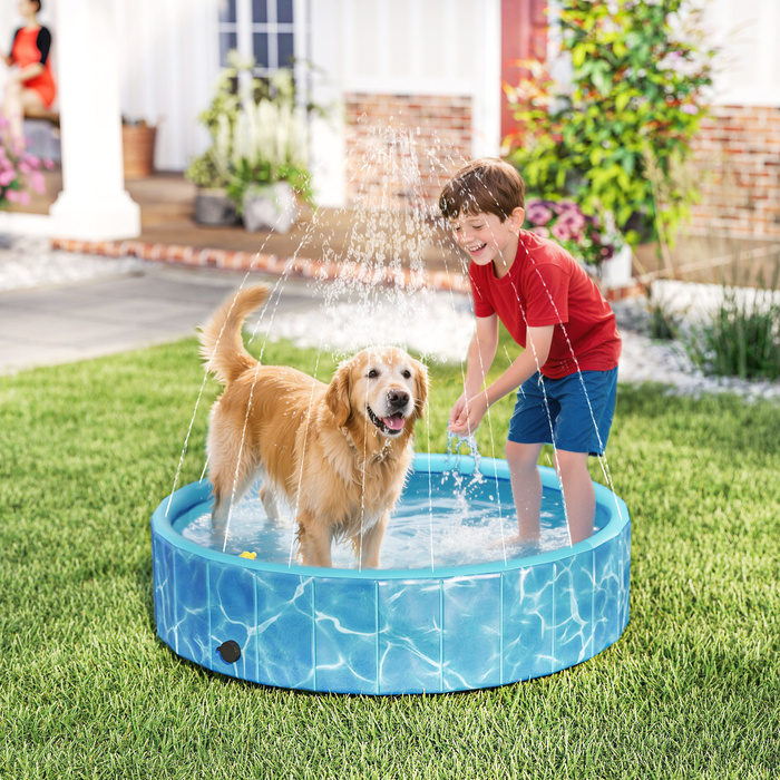 PawHut Dog Pool Складаний дитячий басейн з фонтаном і подушкою для води Ø120 x 30 см Нековзна ванна для собак і кішок Басейн для собак і кішок | Аосом