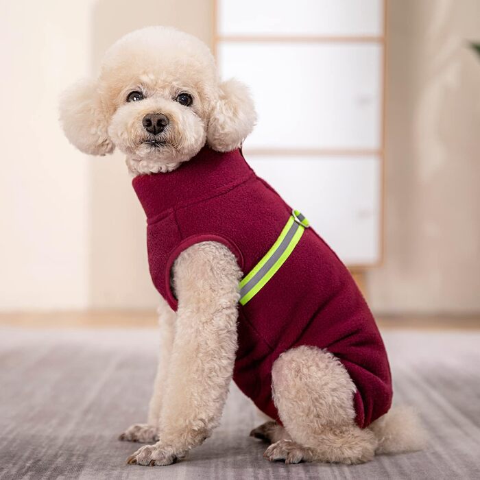 Теплий пуловер для собак з флісу та світловідбиваючою жилеткою. Зручний, теплий, для цуценят та дорослих собак. (Зелений, розмір M, червоний)