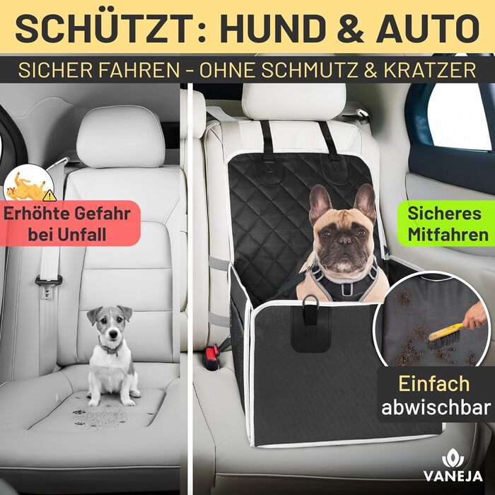 Автокрісло для собак VANEJA: безпечне та зручне автокрісло для маленьких собак, чорного кольору, з водонепроникним кошиком та фіксаторами, TÜV-сертифіковане