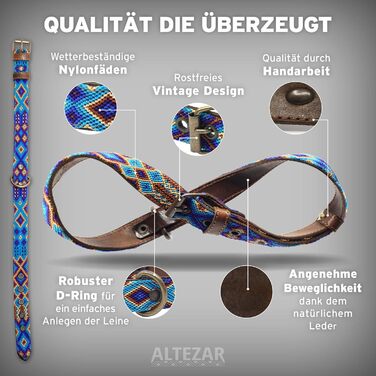 Шкіряний нашийник для собак ALTEZAR, коричнева яловича шкіра, вишивка у стилі трайбл, синьо-коричнево-бежевий, ручна робота з Мексики, розмір S, для маленьких собак