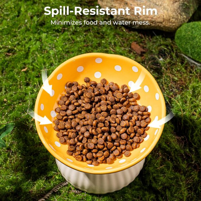 Підвищений годівниця для котів, керамічна миска у формі гриба, широка та плоска миска для котів на підставці, миска для котів, що запобігає блювоті, миска для кошенят та літніх котів (жовта)