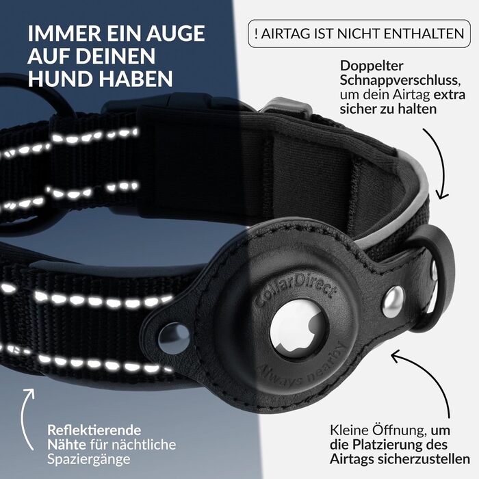 Нашийник для Apple AirTag для собак CollarDirect, світловідбиваючий, чорний, XL (51-61 см)